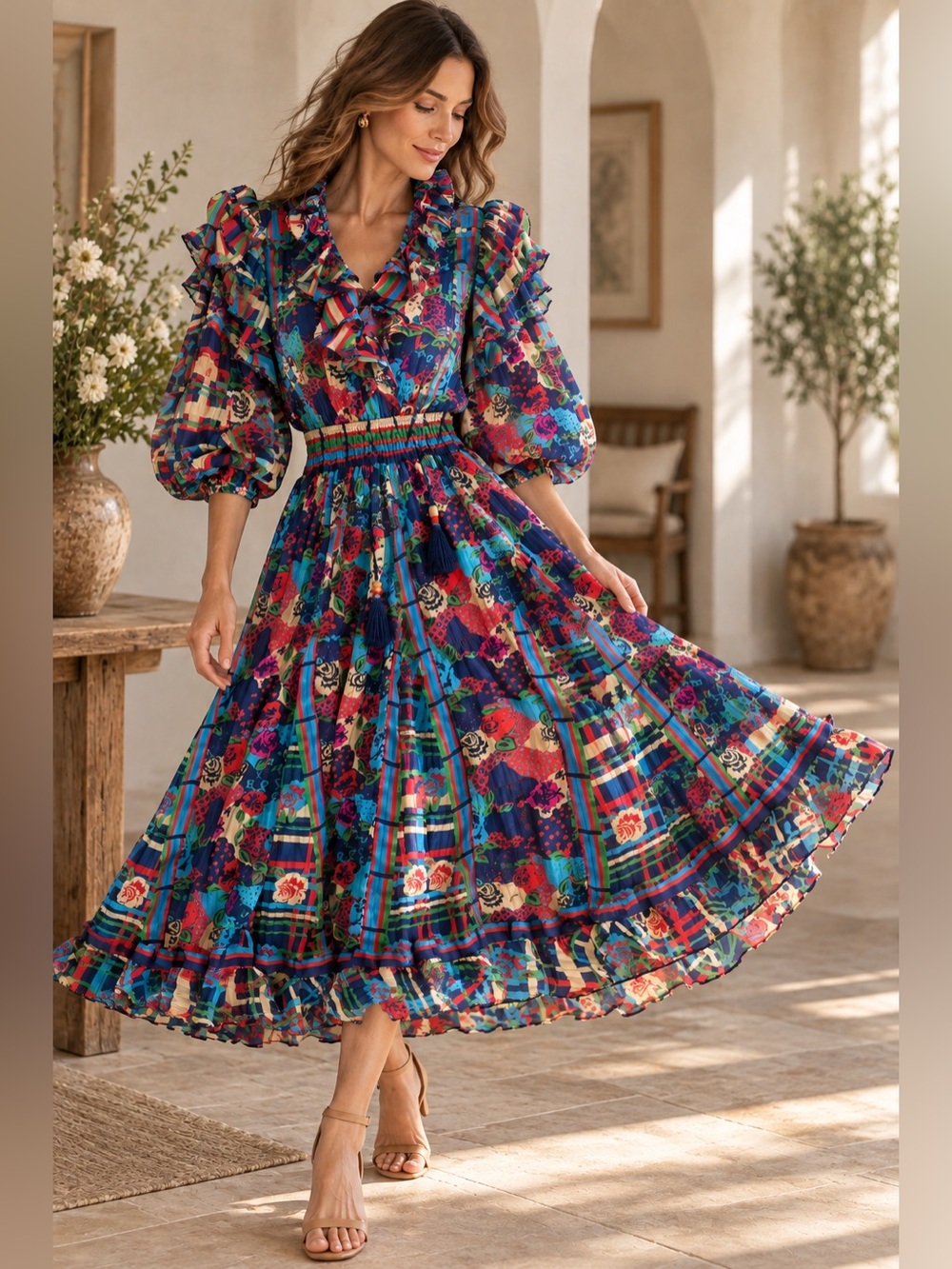 Vintage Diane Freis Rare Ruffle Pleated Tea Dress Floral Plaid One Size